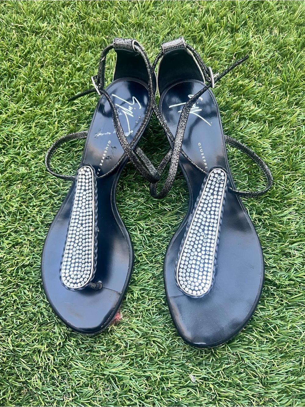 Giuseppe Zanotti Black Rhinestone T-Strap Sandals with Ankle Wrap